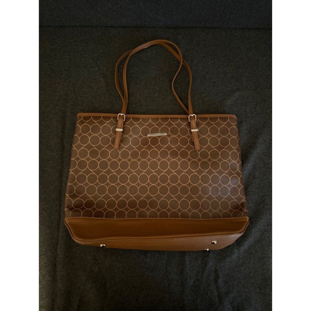 Nine West Monogram‎ Tote Bag Brown Geometric Circle Print Shoulder Bag Zip Top